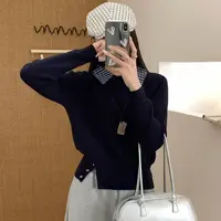 学院风polo领格子拼接长袖针织衫2025秋季韩系设计感内搭打底衫女
