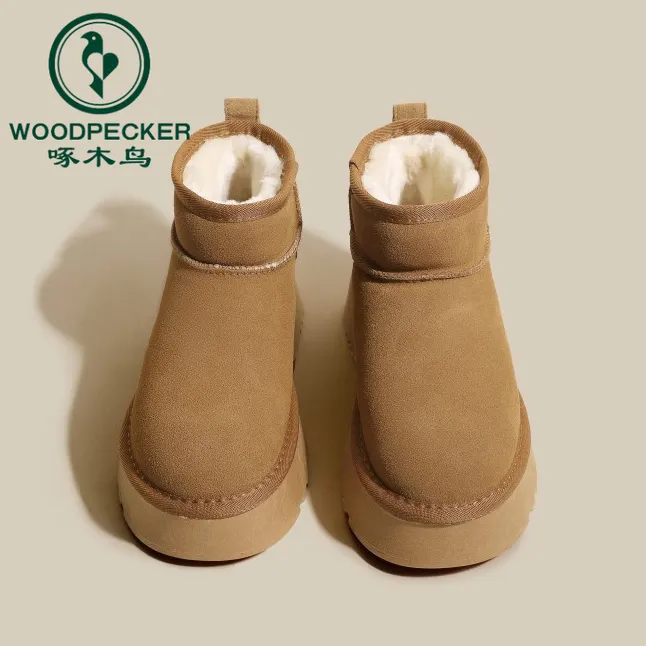 啄木鸟厚底雪地靴女冬季2025新款明星同款加绒厚增高保暖棉鞋外穿
