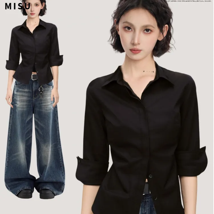 胖MM黑色v领正肩掐腰短袖衬衫女夏季修身收腰半袖设计感衬衣上衣