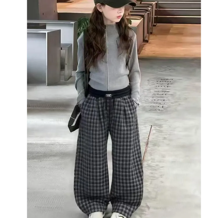 女童秋季新款套装休闲纯色拉链上衣格子弯刀裤休闲百搭两件套