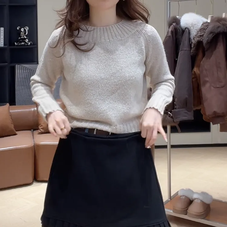 韩版气质小香风亮片混纺毛衣女冬季新款设计师圆领保暖长袖针织衫