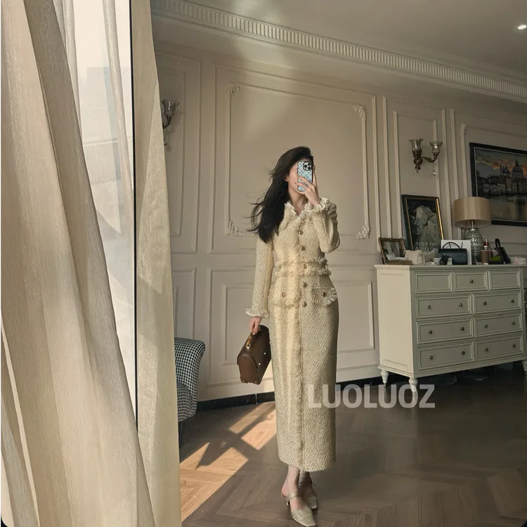 LUOLUOZ【北平之约】绵羊毛气质流苏花边绝美收腰长款连衣裙JF1059