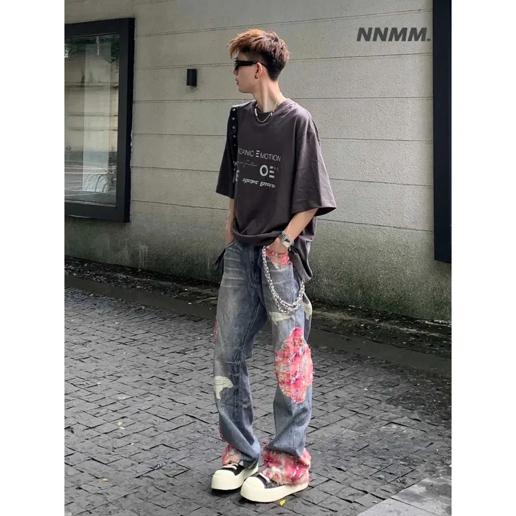 美式潮牌晚霞蕾丝拼接牛仔裤高街印花拼接设计感宽松微喇裤子男女