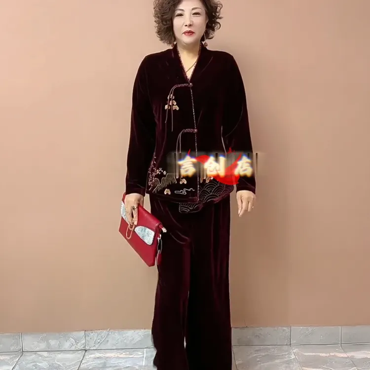 2531阔太太高端国风绣花丝绒开衫遮肉显瘦时尚妈妈阔腿裤两件套装