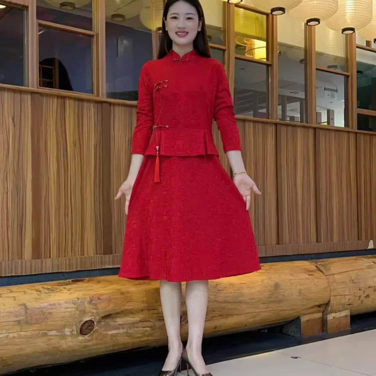 新中式喜婆婆2025新款礼服中老年妈妈秋装假两件连衣裙