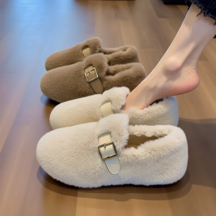 兔毛绒白色毛毛鞋女秋冬新款平底网红加绒孕妇软底毛茸茸乐福棉鞋