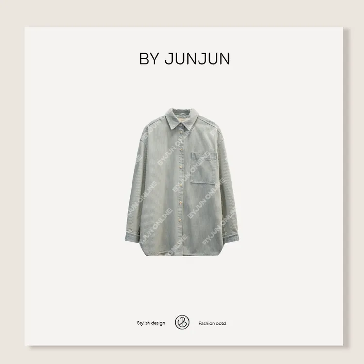 ByJunjun早秋新款女装【尼斯假日】竖条纹软牛仔衬衫