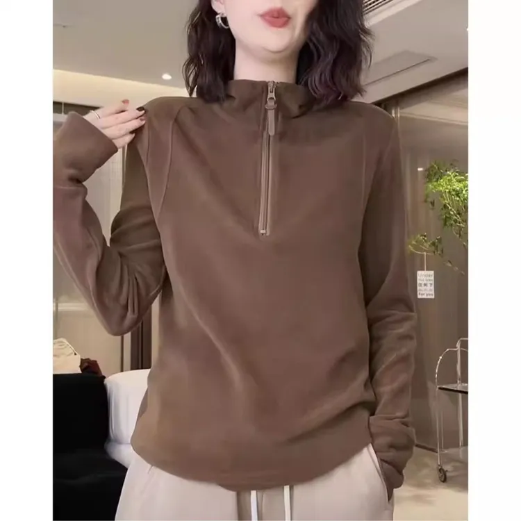 德绒立领半拉链卫衣女保暖秋冬新款遮肉显瘦打底衫上衣雅丹风穿搭