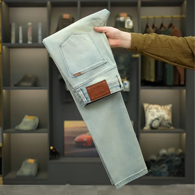 夏季薄款牛仔裤男轻奢裤子欧美简约浅蓝色修身长裤高端潮流休闲裤