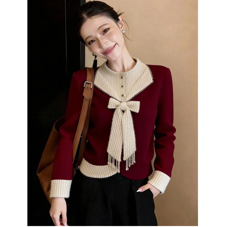 红色独特潮流百搭设计感上衣2026春季新款超好看漂亮百搭蝴蝶结女