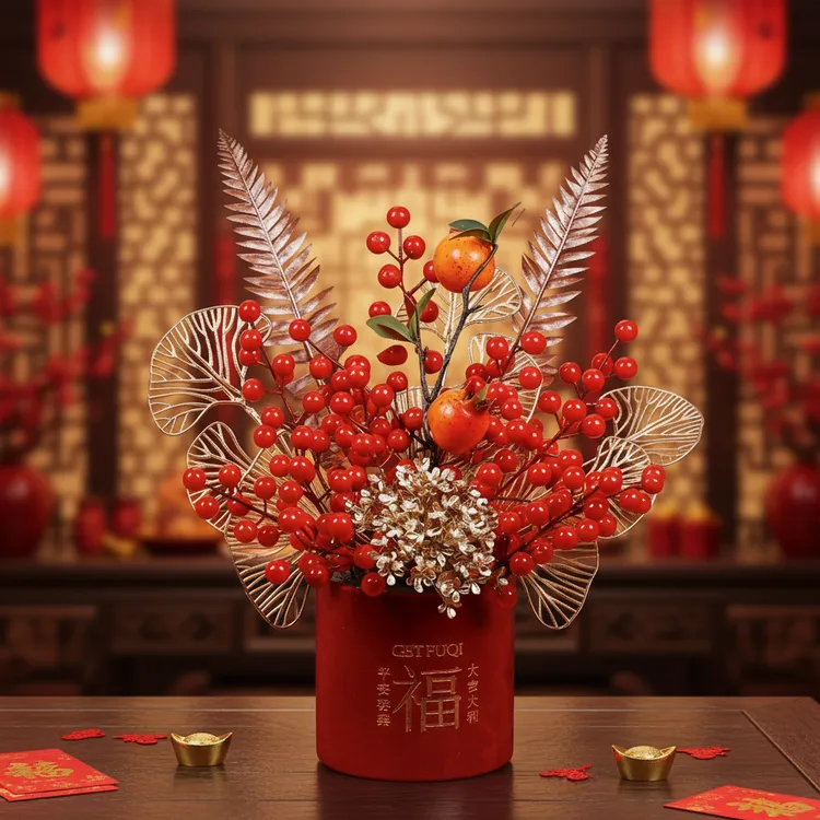 【聚财纳福银杏叶福桶】发财果植绒抱抱桶新年乔迁之喜 仿真花装饰