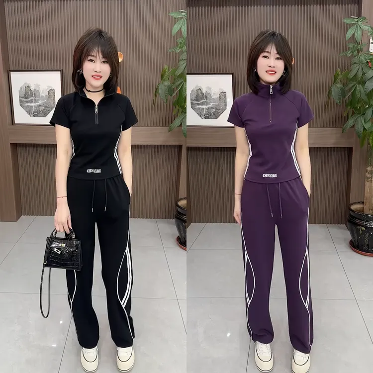 80715夏季新款 时尚百搭 短袖半拉链上衣+条纹阔腿裤显高休闲套装