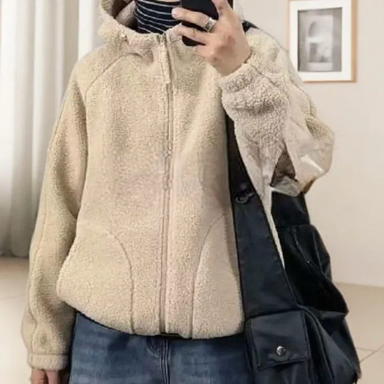 9803羊羔绒时尚冬季女秋冬复合绒短外套加绒情侣休闲连帽保暖外套