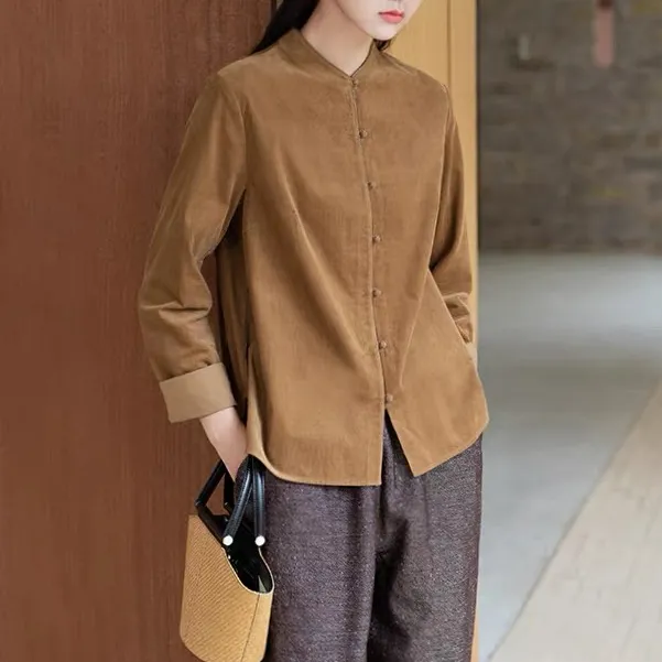 麻享【灯芯绒衬衫】新中式细条亲肤灯芯绒衬衣女士外穿打底FSY51180