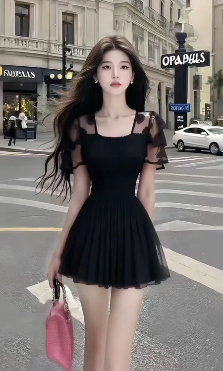 轻奢优雅轻熟知性风黑色方领短袖收腰网纱设计感连衣裙时尚气质