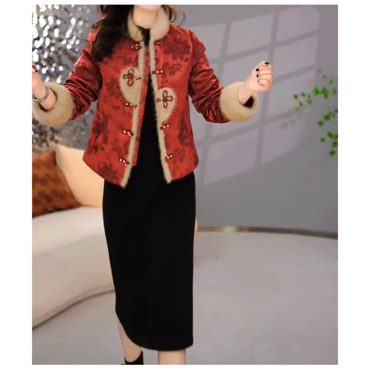 伊纤梦外套+连衣裙 2025冬季时尚女士中式复古红色气质加厚套装裙