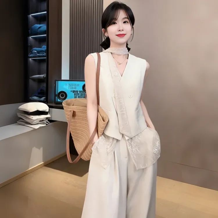 [忽而今夏】高级感气质时尚拼接蕾丝马甲女上衣+高腰阔腿裤两件套