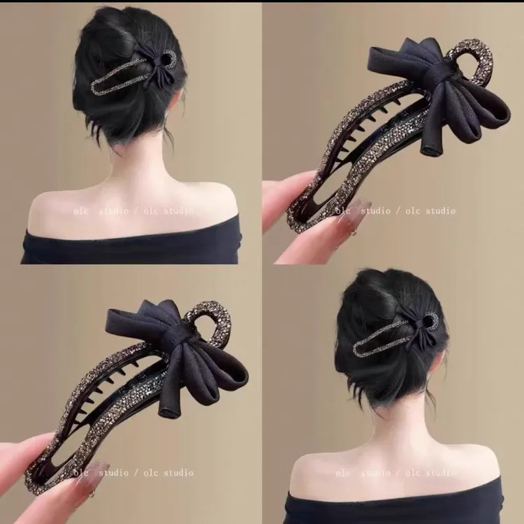 气质碎钻蝴蝶结发卡抓夹女后脑勺懒人盘发神器鸭嘴夹一字夹子头饰商品图
