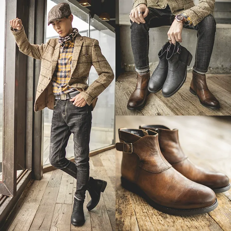 手工牛皮切尔西靴男士短脸马丁靴英伦风商务正装皮靴百搭工装男靴