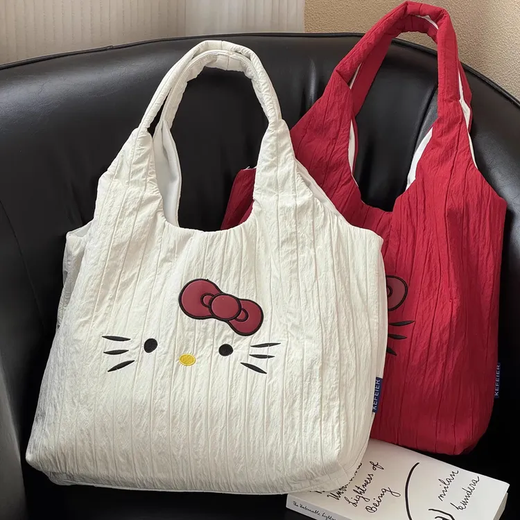 韩系甜美可爱Kitty猫刺绣褶皱单肩托特包日常百搭简约通勤购物袋