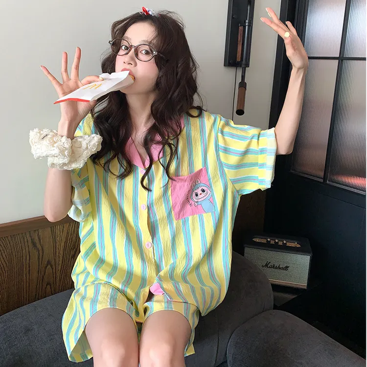 短袖夏季薄款立领睡衣家居服套装时尚套装设计感韩版条纹宽松