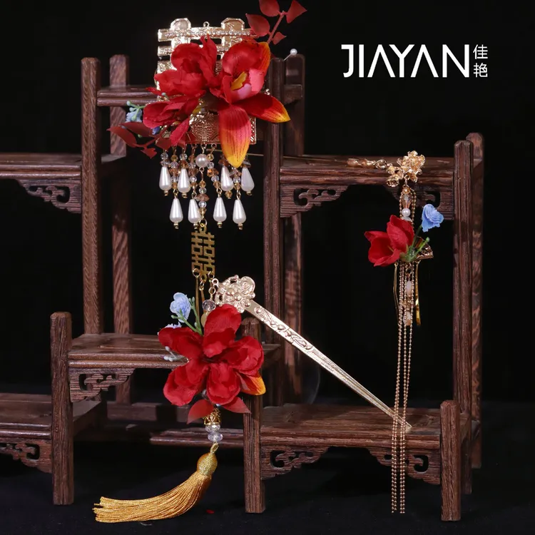 5150新款中式古风秀禾新娘头饰流苏红色结婚发簪花朵婚礼配饰发饰