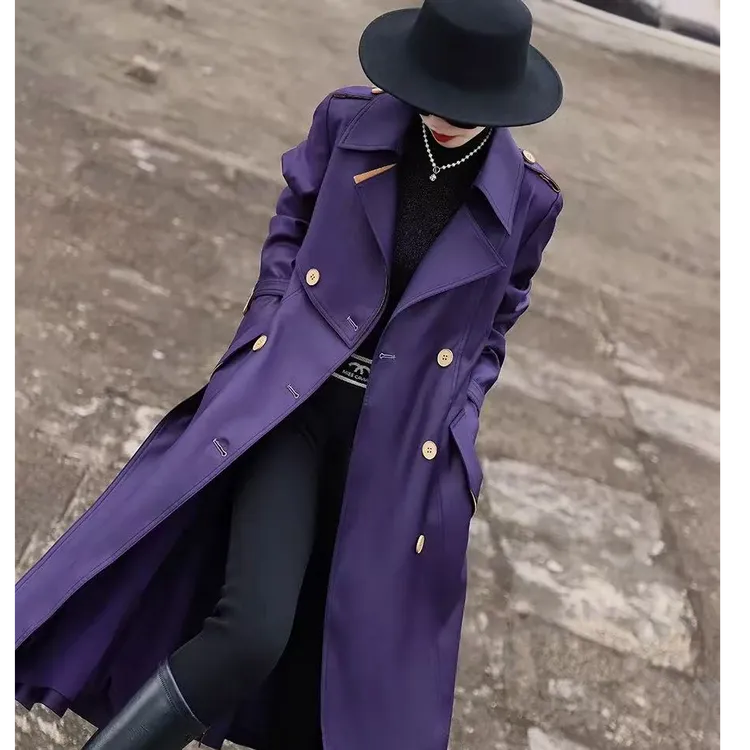 兰瑟儿2025春季新款气质通勤双排扣绑带紫色风衣外套MM3WE0114
