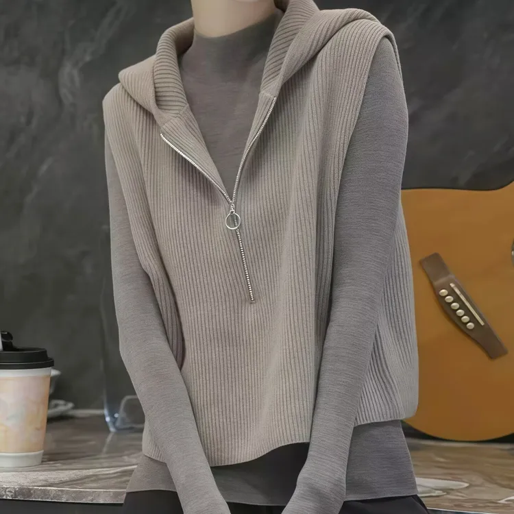 职业阿玛诗官2026春秋款加厚半拉链连帽针织马甲背心女款叠穿上衣