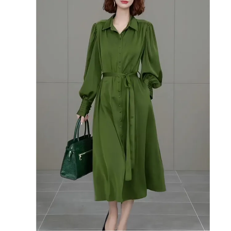高级感收腰显瘦衬衫连衣裙2025春秋新款时尚减龄遮肚长袖过膝裙子