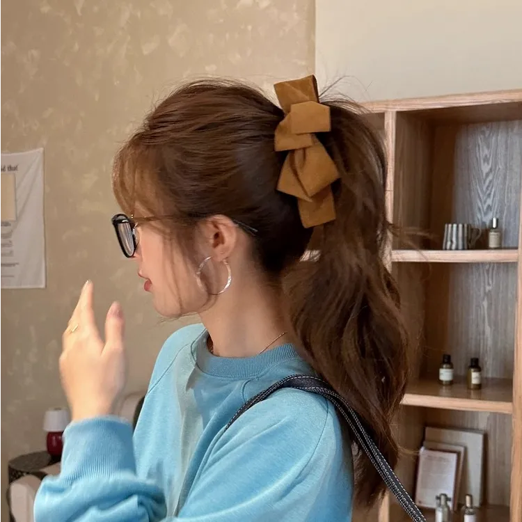 秋冬麂皮绒面蝴蝶结香蕉夹韩系气质后脑勺扎马尾盘发竖夹扭扭夹女