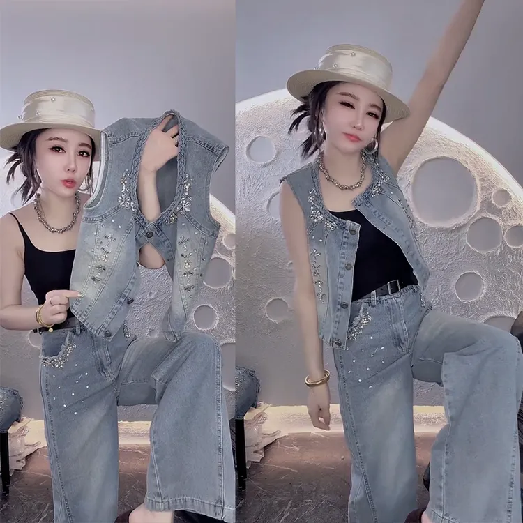 夏季欧货重工洋气显瘦时尚牛仔套装【赠腰带】