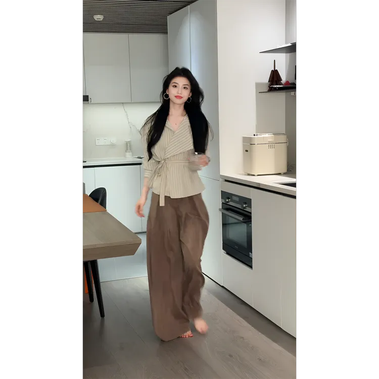 parkyeon早秋季设计感不规则v领长袖衬衫女高腰显瘦阔腿裤套装