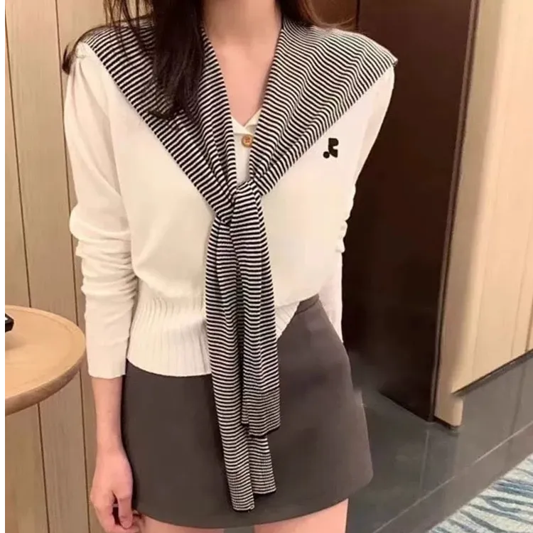 2025春季新款韩系温柔风低圆领针织开衫女减龄披肩真两件显瘦上衣