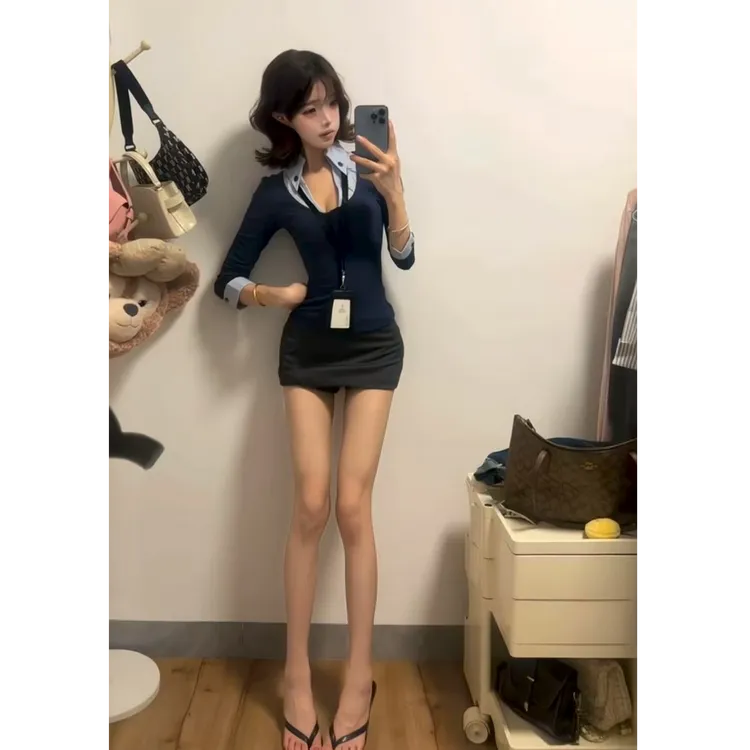 纯欲风polo领长袖女2025秋撞色拼接假两件上衣气质灰半身裙裤套装