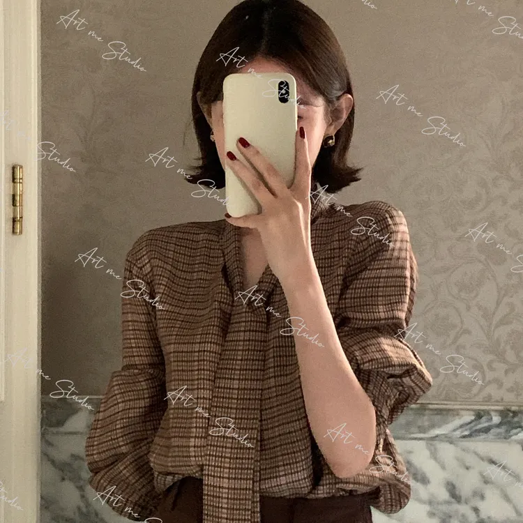 【ART ME】经典格纹100人丝法式复古V领系带灯笼袖型衬衫w2072t2a