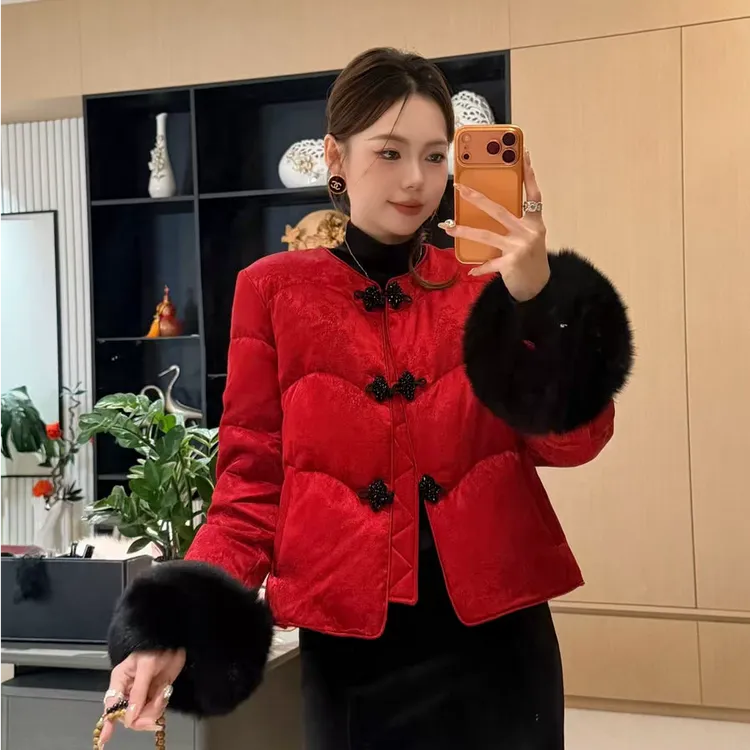 新中式百搭国风新款羽绒服90白鸭绒轻奢时尚狐狸毛袖