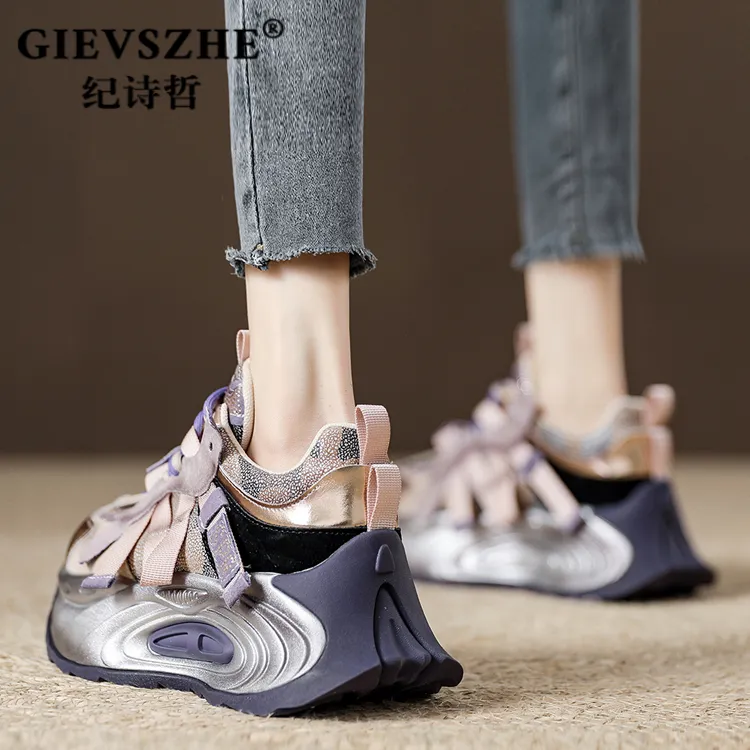 纪诗哲厚底松糕鞋紫色老爹鞋女秋季2025新款女鞋增高水钻休闲鞋女