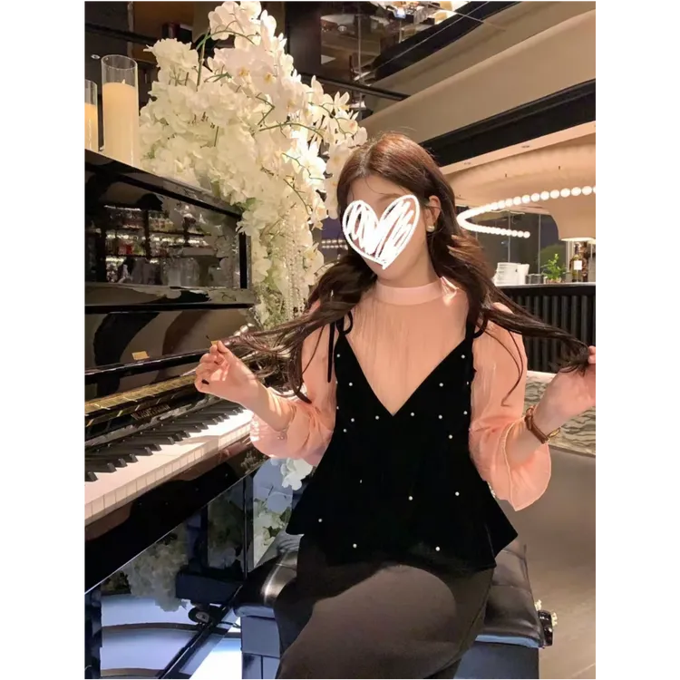 【流光白茶】韩版高级法式喇叭袖长袖衬衫+上衣吊带背心两件套D1106