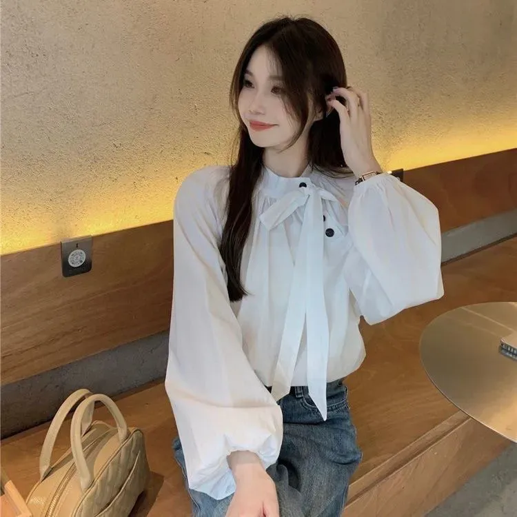 女装立领衬衫春秋气质宽松长袖系带蝴蝶结上衣斜扣时尚法式小衫
