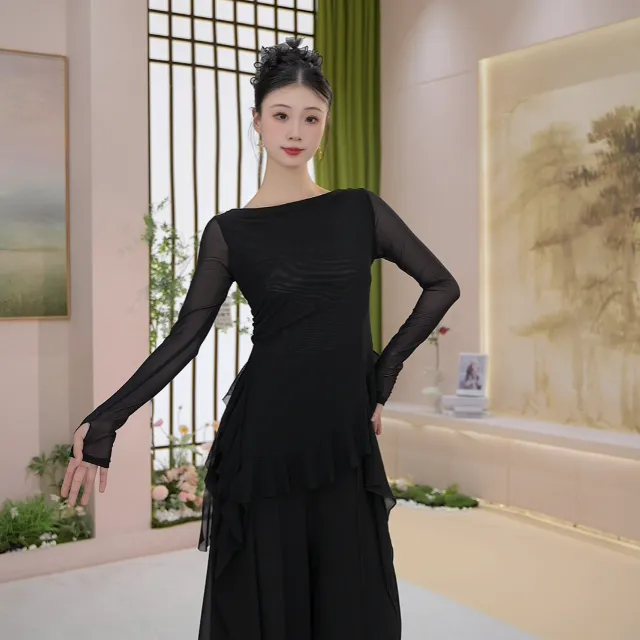 057水纱荷叶摆舞蹈服上衣修身练功服形体服长袖跳舞服秋冬新款