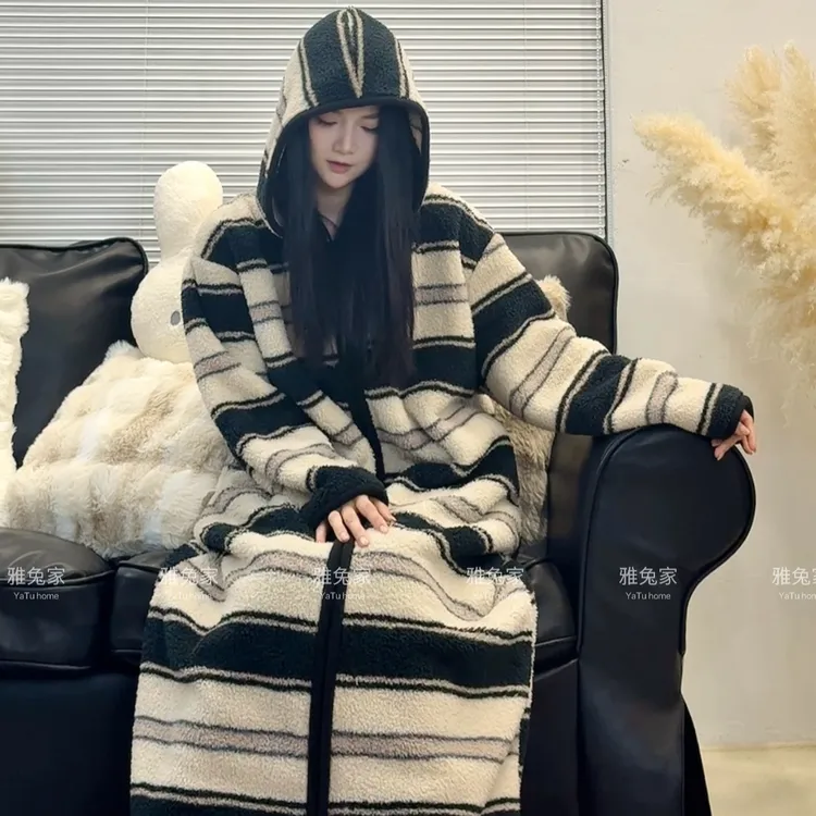 【雅兔家】冬季米粒绒加厚保暖舒适家居被窝外套长款女睡袍出街日常