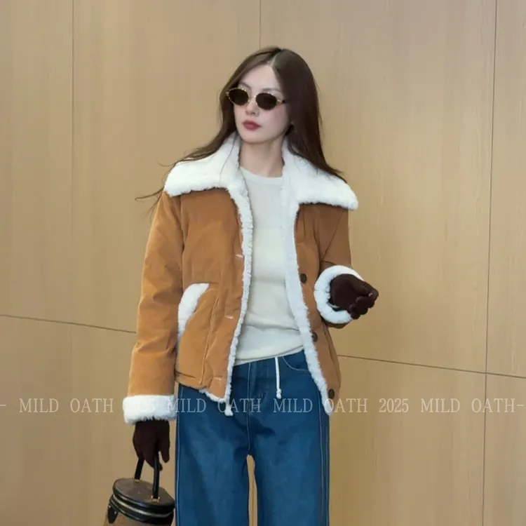 MILD OATH现货【焦糖拿铁】25新款灯芯绒拼接夹克短款鹅绒服