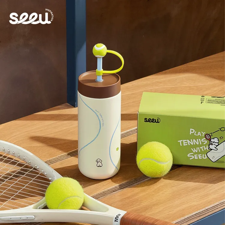 seeu网球搭子保温杯吸管可爱水杯女学生便携大容量316不锈钢550ml