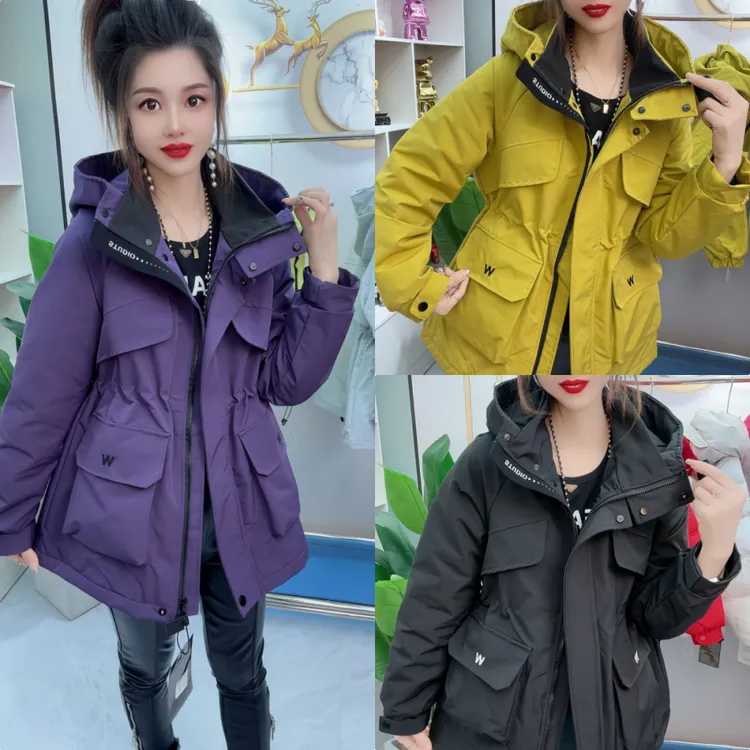 秋冬新款大棉保暖刺绣连帽冲锋衣中长款女棉服百搭女装时尚外套