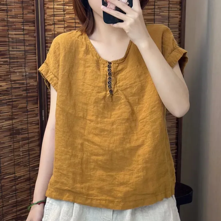 麻宛纪  希哦夏季新品8868洋气衣服女短袖百搭纯色纯亚麻上衣T恤
