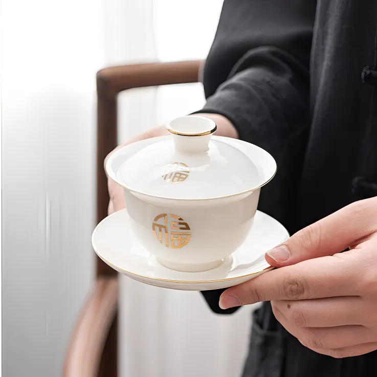 【山上有窑】德化正宗猪油白描金盖碗古典中式福盖碗茶碗泡茶