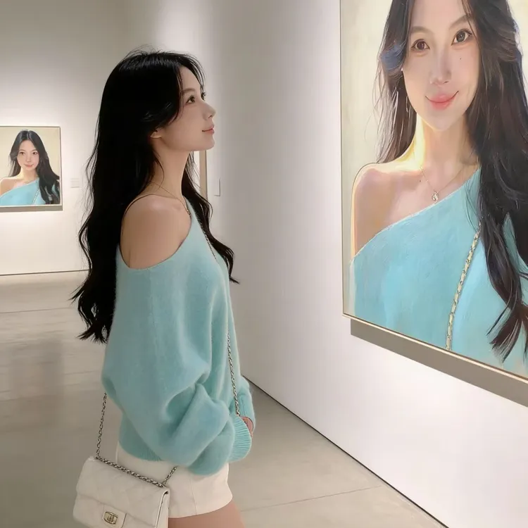 蓝色纯欲斜肩毛衣女秋冬新款韩系高级感奶fufu软糯宽松针织衫上衣