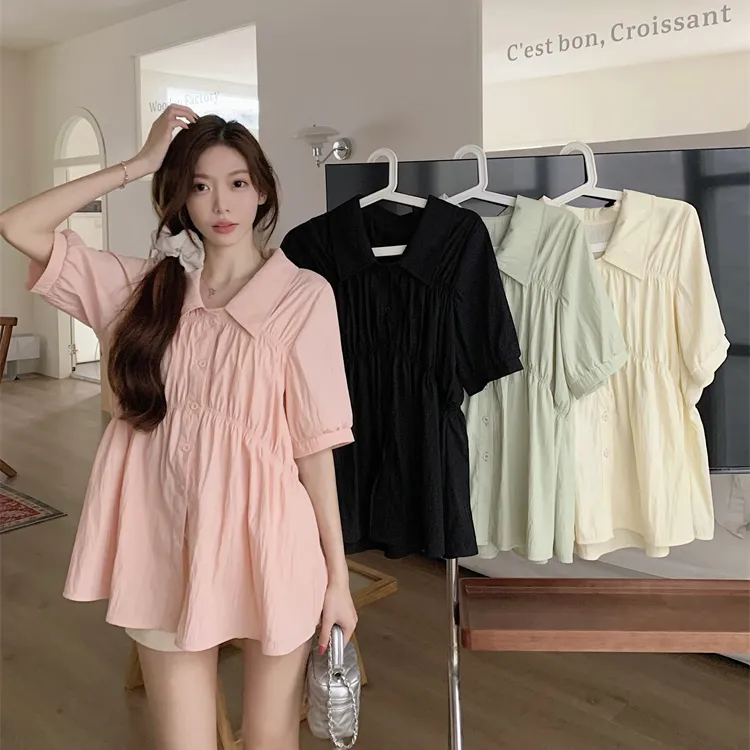 夏季大码收腰显瘦正肩短袖宽松衬衫显瘦荷叶边娃娃衫上衣66033#  