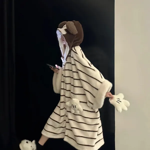 【创意米奇】可爱风珊瑚绒睡衣女手套可拆卸冬款保暖加绒连帽睡袍