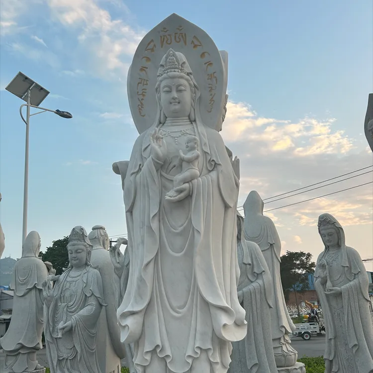 石雕观音三面观音菩萨汉白玉滴水观音佛像寺庙大理石人物雕塑石材